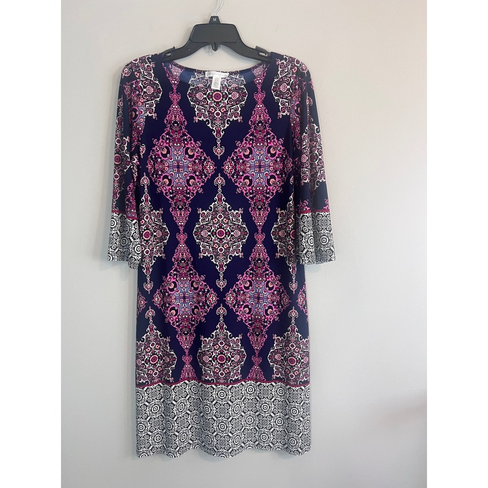 London Times Navy Pink Medallion Print 3/4 Sleeve Shift Dress Womens 12